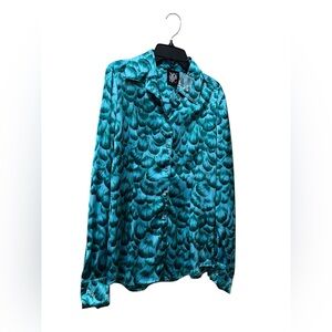 NEW YORK & COMPANY BUTTON DOWN BLOUSE TEAL FEATHER PRINT BLUE COLOR SIZE SMALL